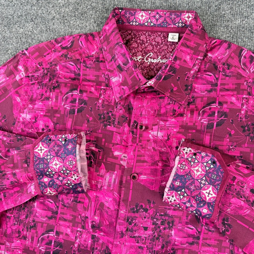 Robert Graham Shirt Mens L Pink Purple Floral Art Flip Cuff Long Sleeve